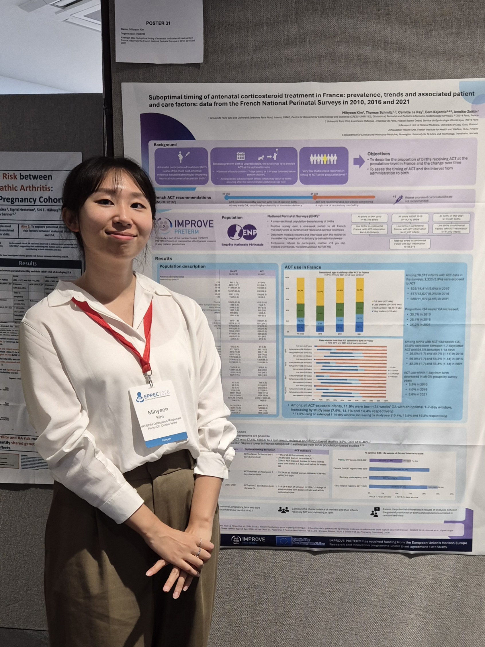 IMPROVE PRETERM researcher Mihyeon Kim standing in front of her scientific poster on antenatal corticosteroid treatment in France at EPPEC 2026 in Bristol.